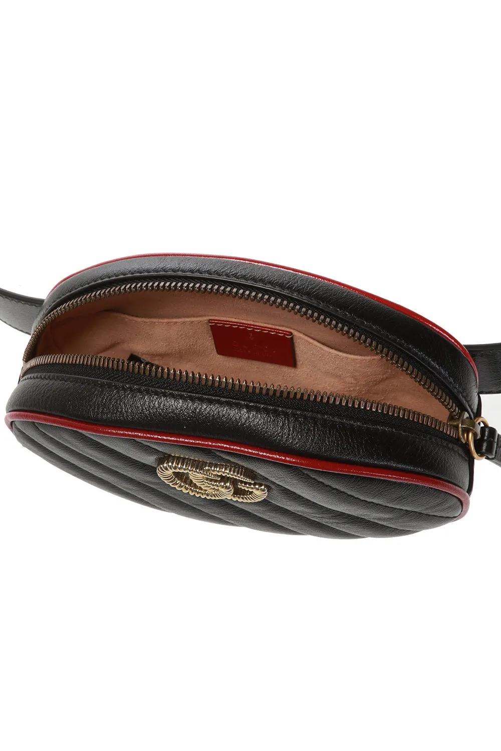 Gucci GG Marmont Matelasse Leather Belt Bag in Black with Red Trim