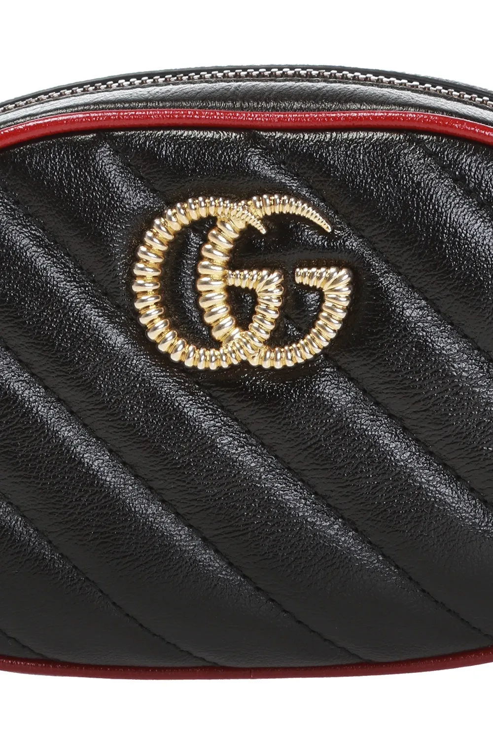 Gucci GG Marmont Matelasse Leather Belt Bag in Black with Red Trim