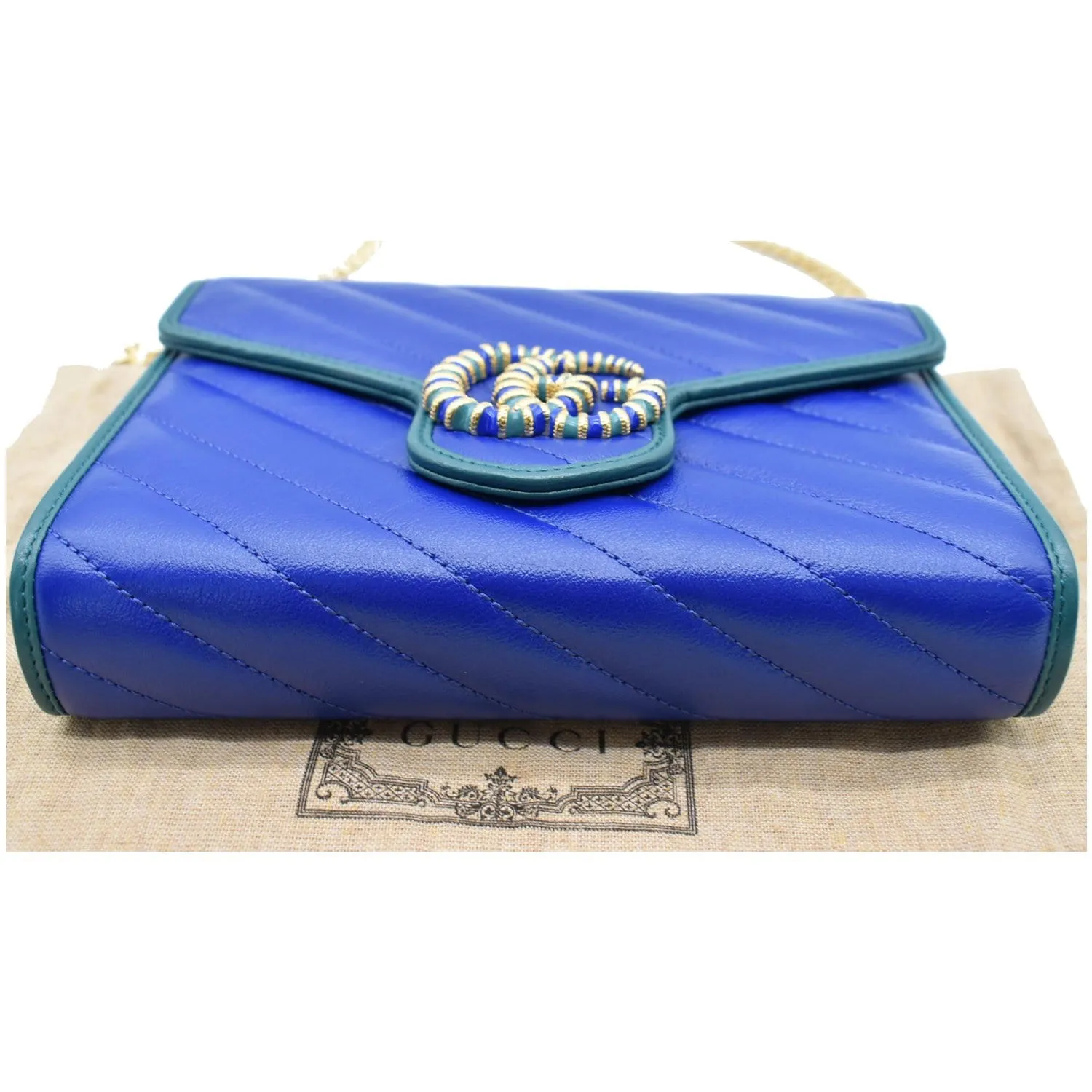 GUCCI GG Marmont Mini Matelasse Leather Chain Crossbody Bag Blue 573807