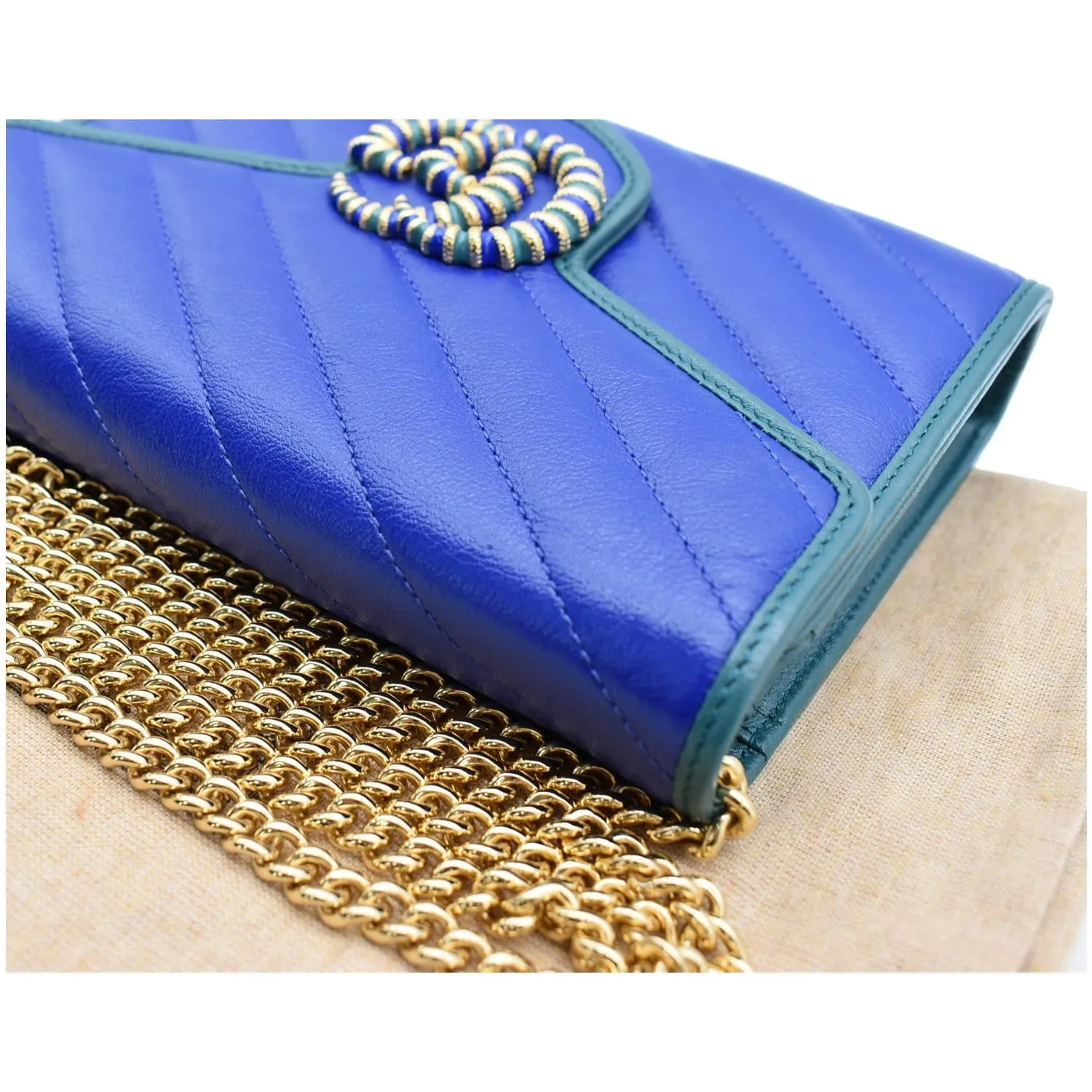 GUCCI GG Marmont Mini Matelasse Leather Chain Crossbody Bag Blue 573807