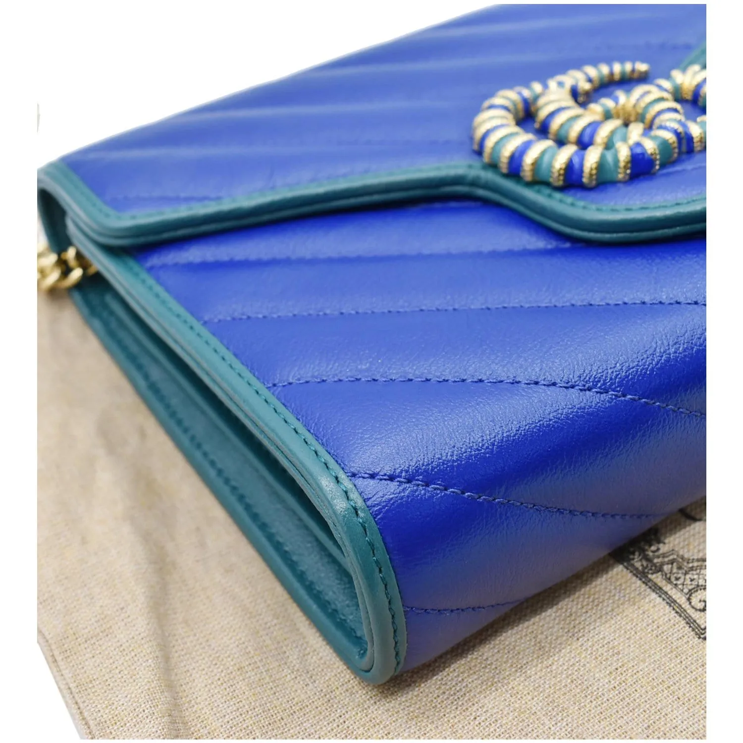 GUCCI GG Marmont Mini Matelasse Leather Chain Crossbody Bag Blue 573807