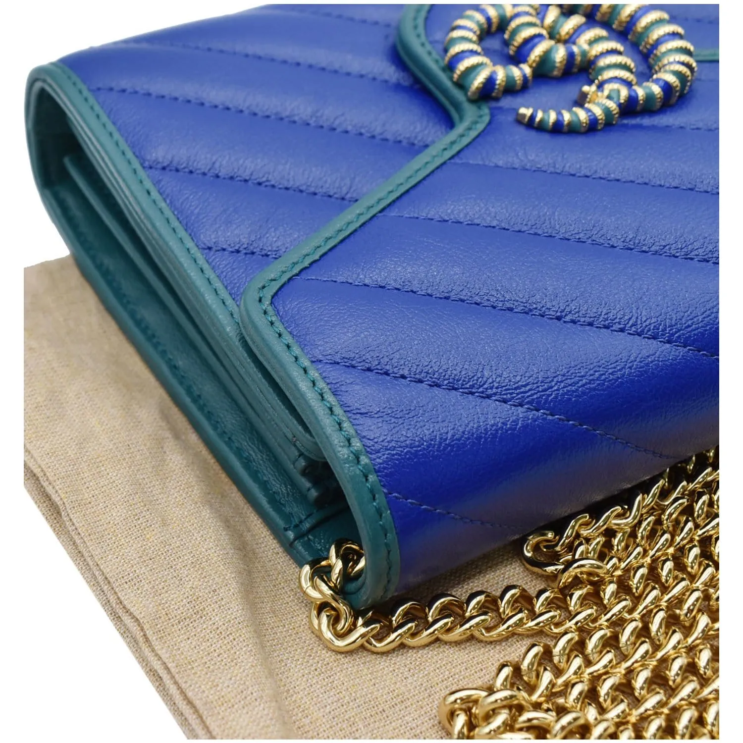 GUCCI GG Marmont Mini Matelasse Leather Chain Crossbody Bag Blue 573807