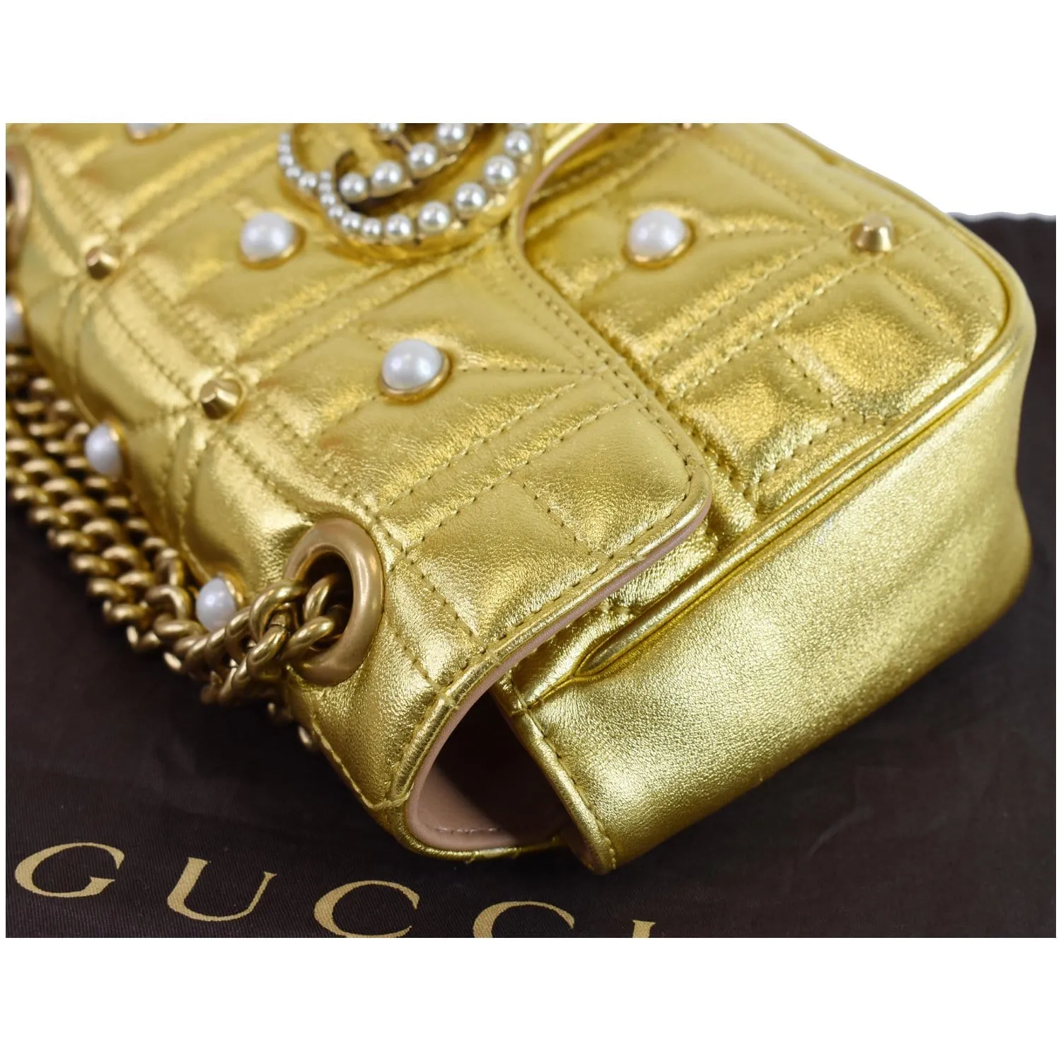 GUCCI GG Marmont Mini Pearl Studded Leather Shoulder Bag Gold 446744