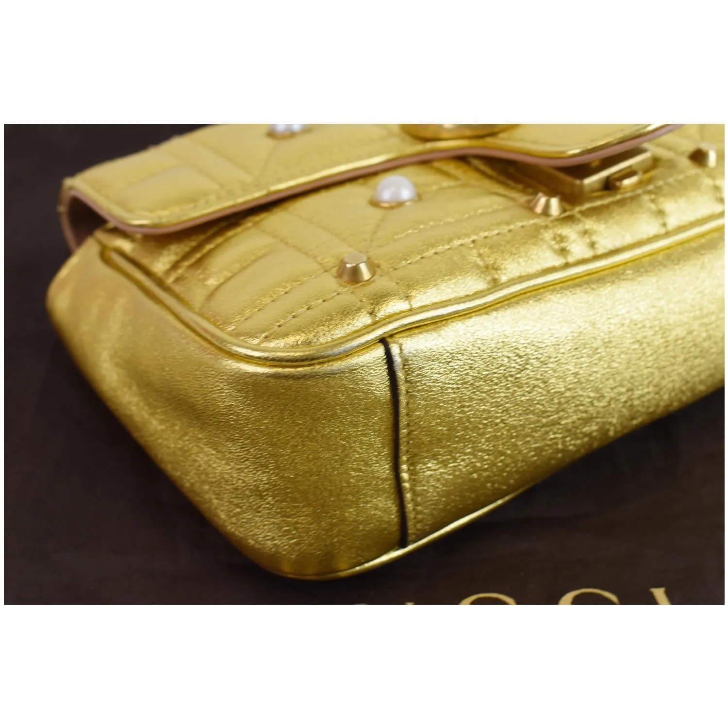 GUCCI GG Marmont Mini Pearl Studded Leather Shoulder Bag Gold 446744