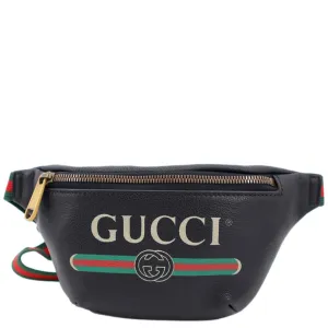 GUCCI Logo Print Grained Calfskin Leather Small Belt Bag Black 527792