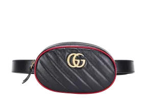 GUCCI MARMONT BELT BAG (476434493075) BLACK & RED WITH STRAP & DUST COVER