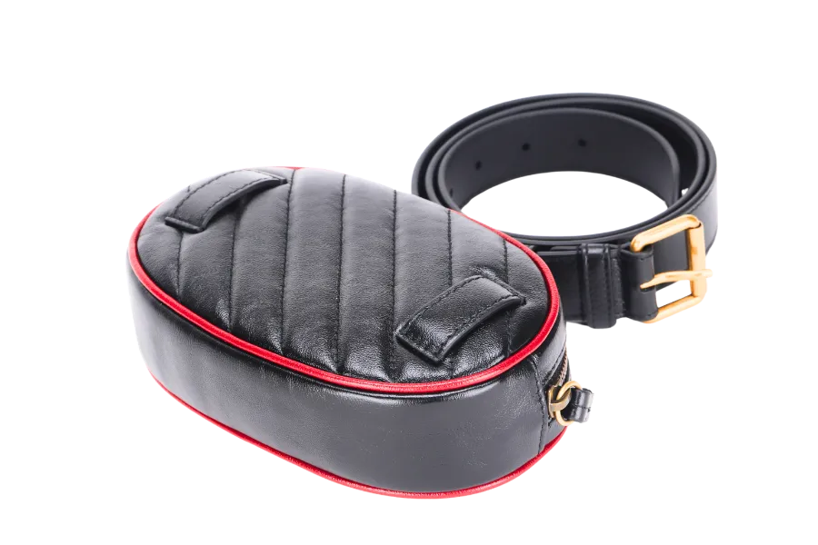 GUCCI MARMONT BELT BAG (476434493075) BLACK & RED WITH STRAP & DUST COVER
