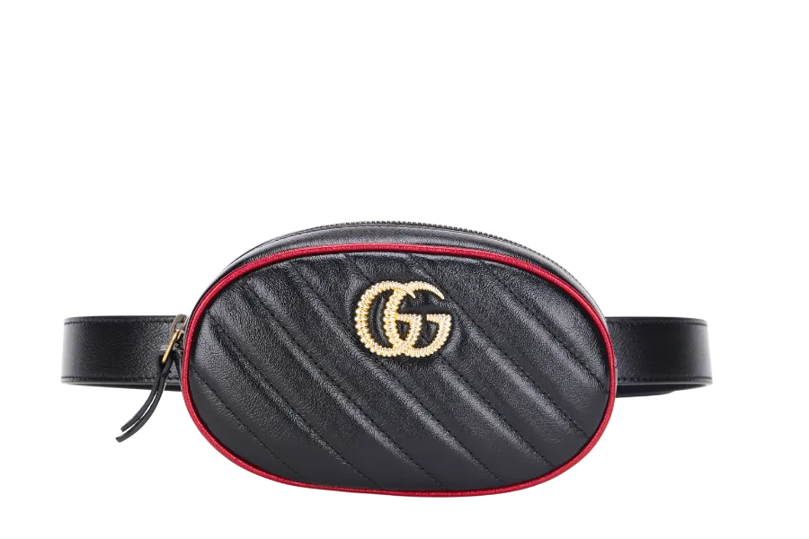 GUCCI MARMONT BELT BAG (476434493075) BLACK & RED WITH STRAP & DUST COVER