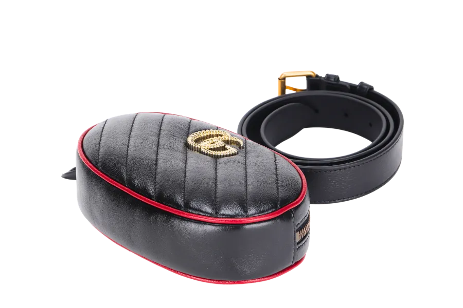 GUCCI MARMONT BELT BAG (476434493075) BLACK & RED WITH STRAP & DUST COVER