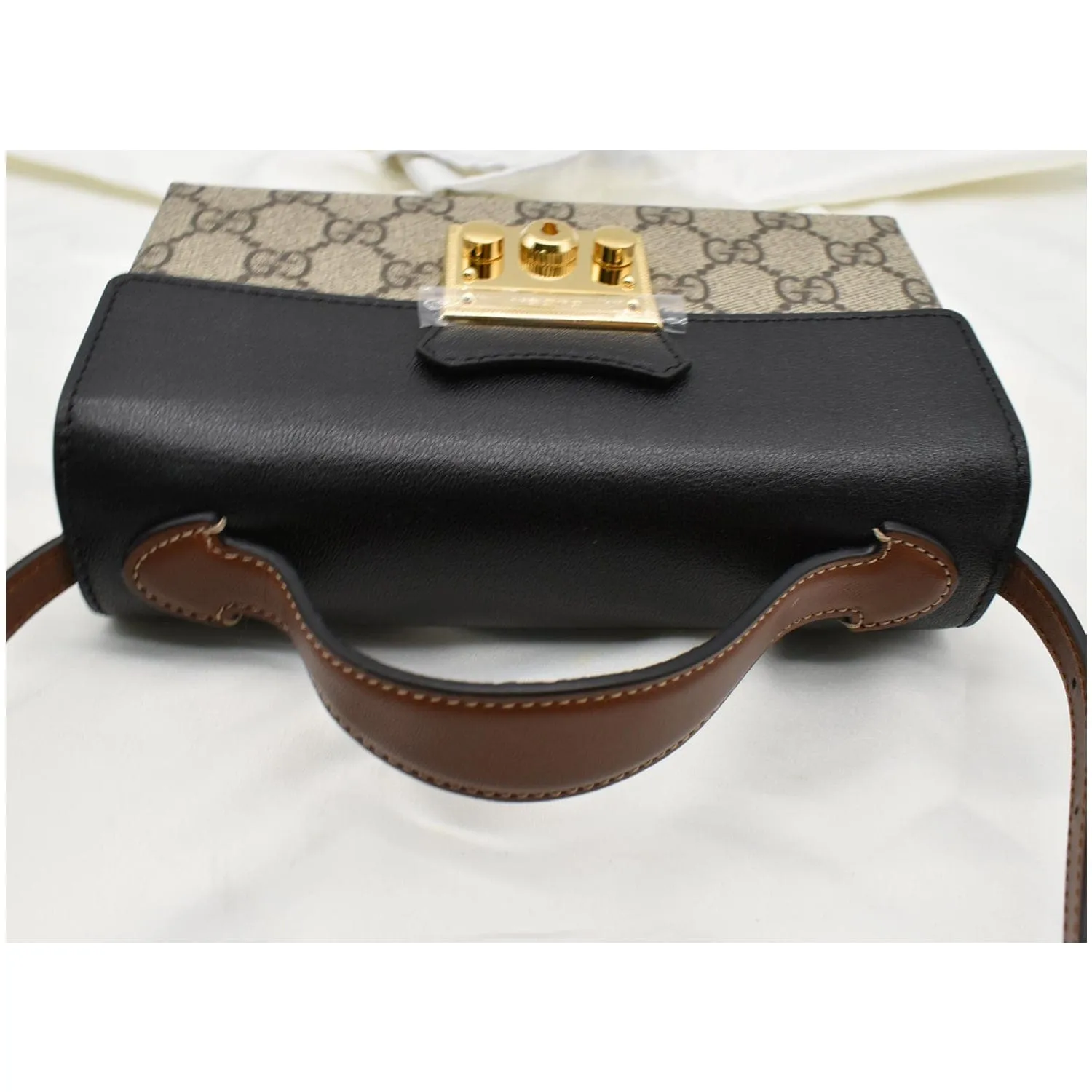 GUCCI Padlock Mini GG Supreme Canvas Top Handle Crossbody Bag Beige 652683
