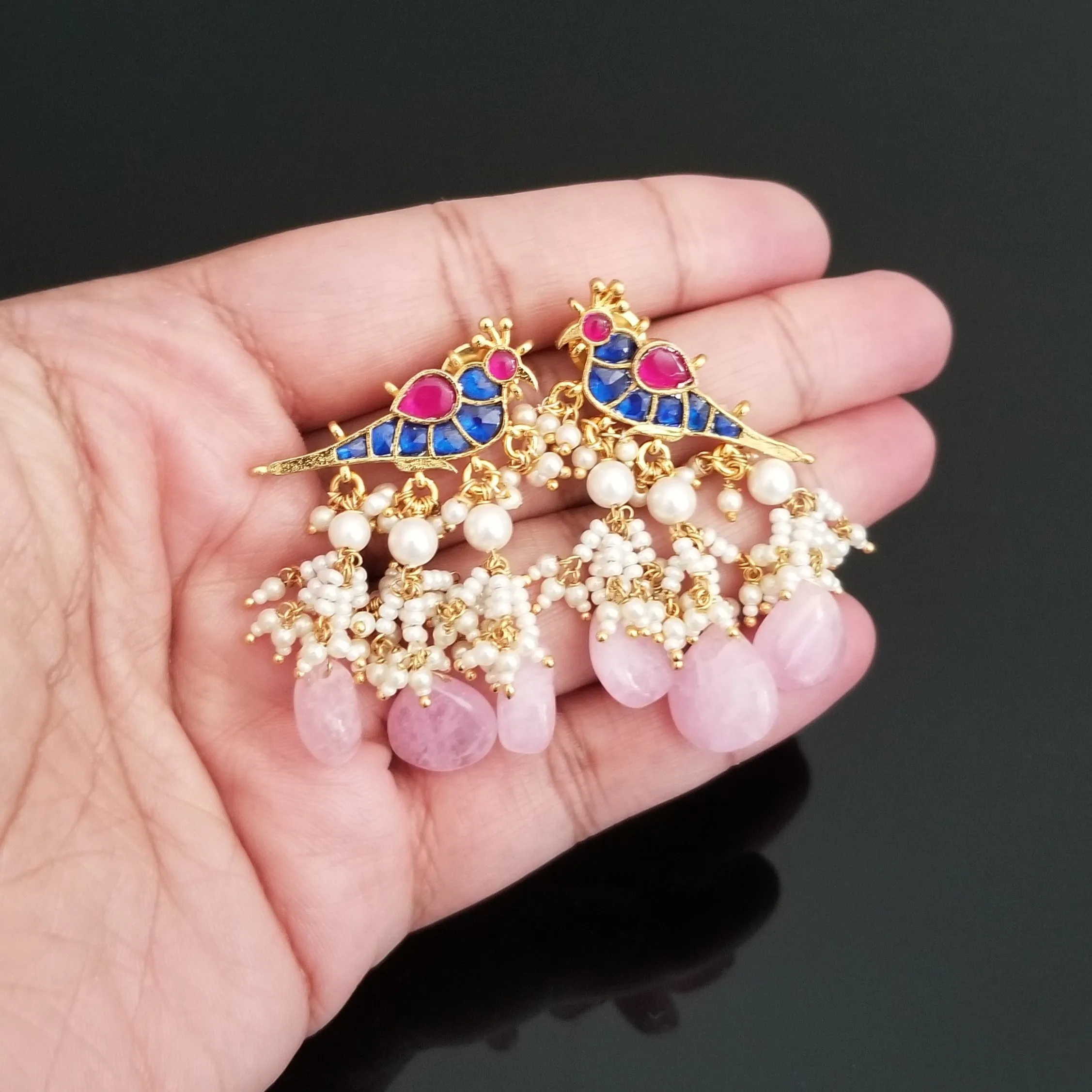 Hard Gold Finish Ahmedabadi Kundan Small Bird Earrings