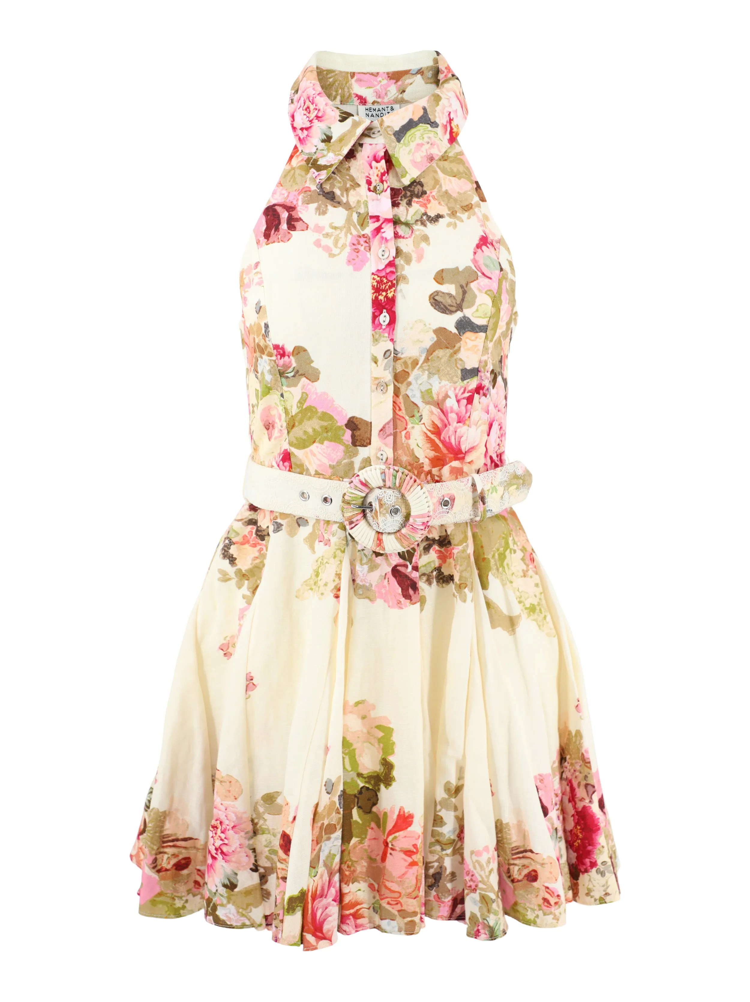 Hemant and Nandita Short Dress With Buckle Belt in Ivory Mix