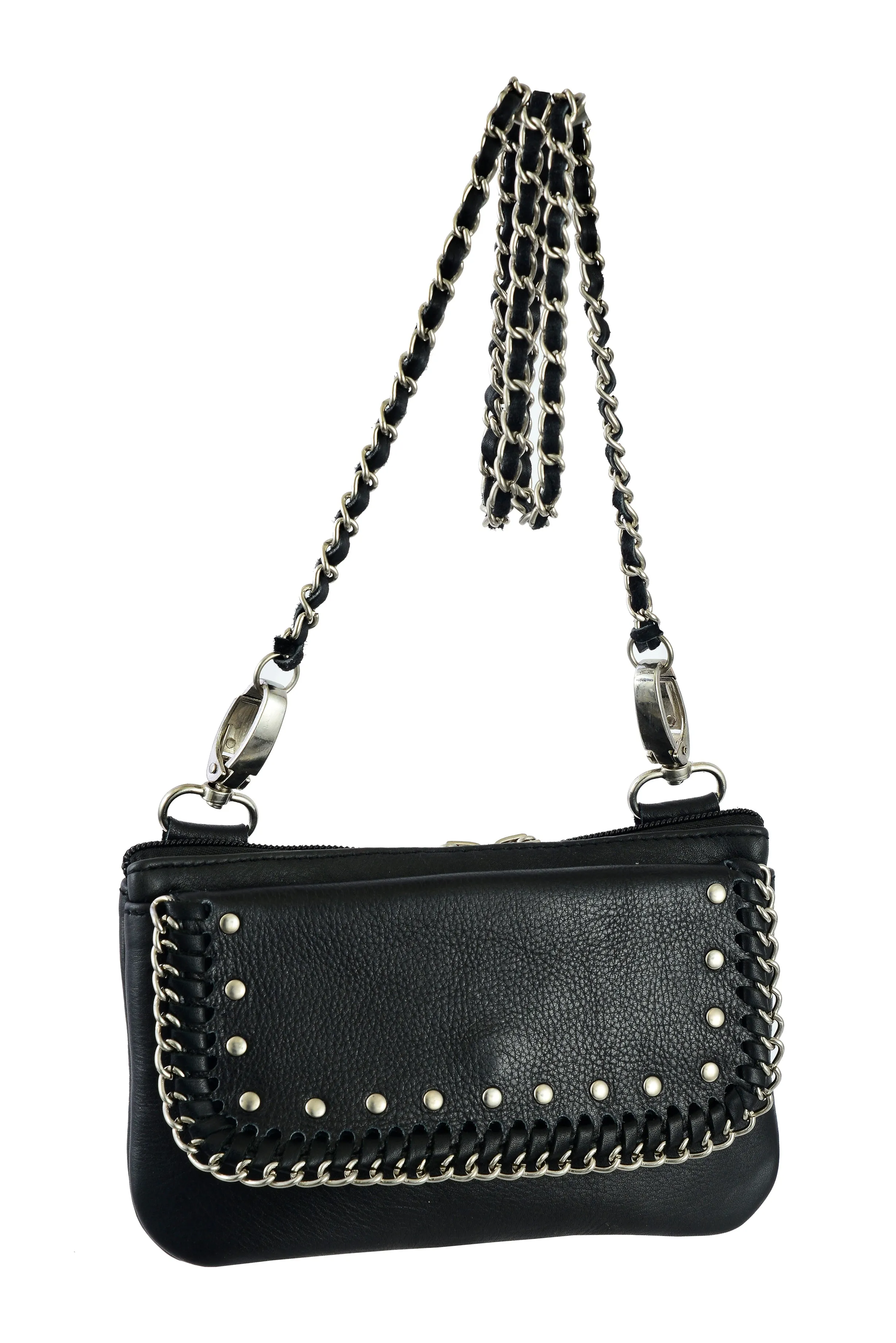 HL80151CHAIN Leather Hip Clip Purse CHAIN Bag Women Waist Bag Fanny Pack Motorcycle Biker