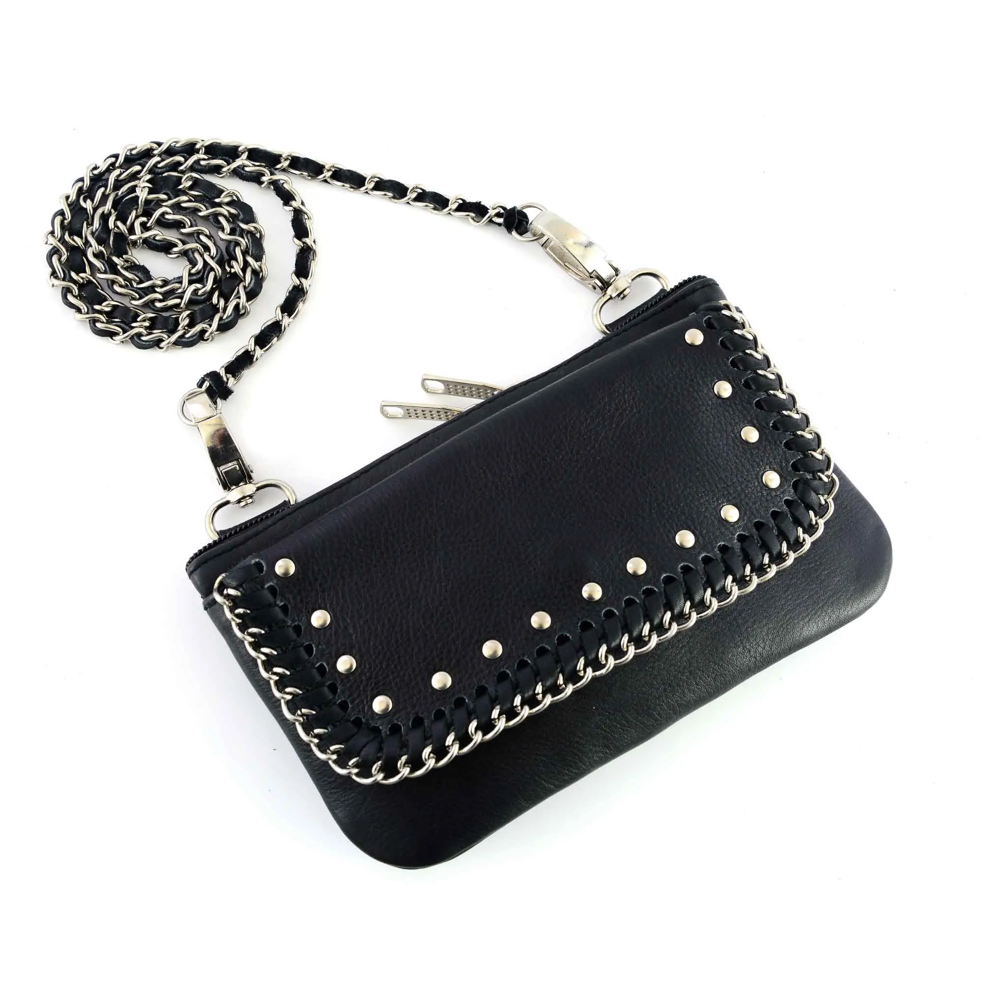 HL80151CHAIN Leather Hip Clip Purse CHAIN Bag Women Waist Bag Fanny Pack Motorcycle Biker
