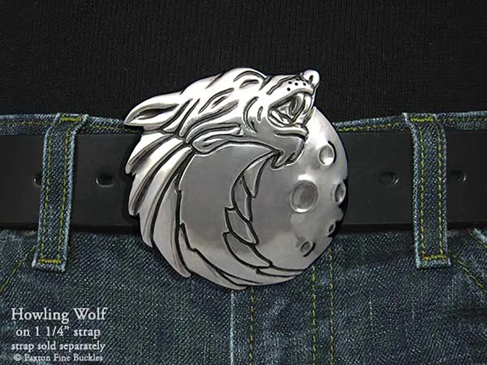 Howling Wolf Head Belt Buckle Sterling Silver or Yellow Brass
