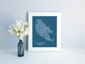 Island of Places Series - San Juan Island Art Print / White on Navy (Unframed)