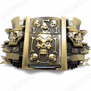 Jokers Skull & Bones Bronze Lighter Belt Buckle with Fanged Skull Lighter Holder Buckle