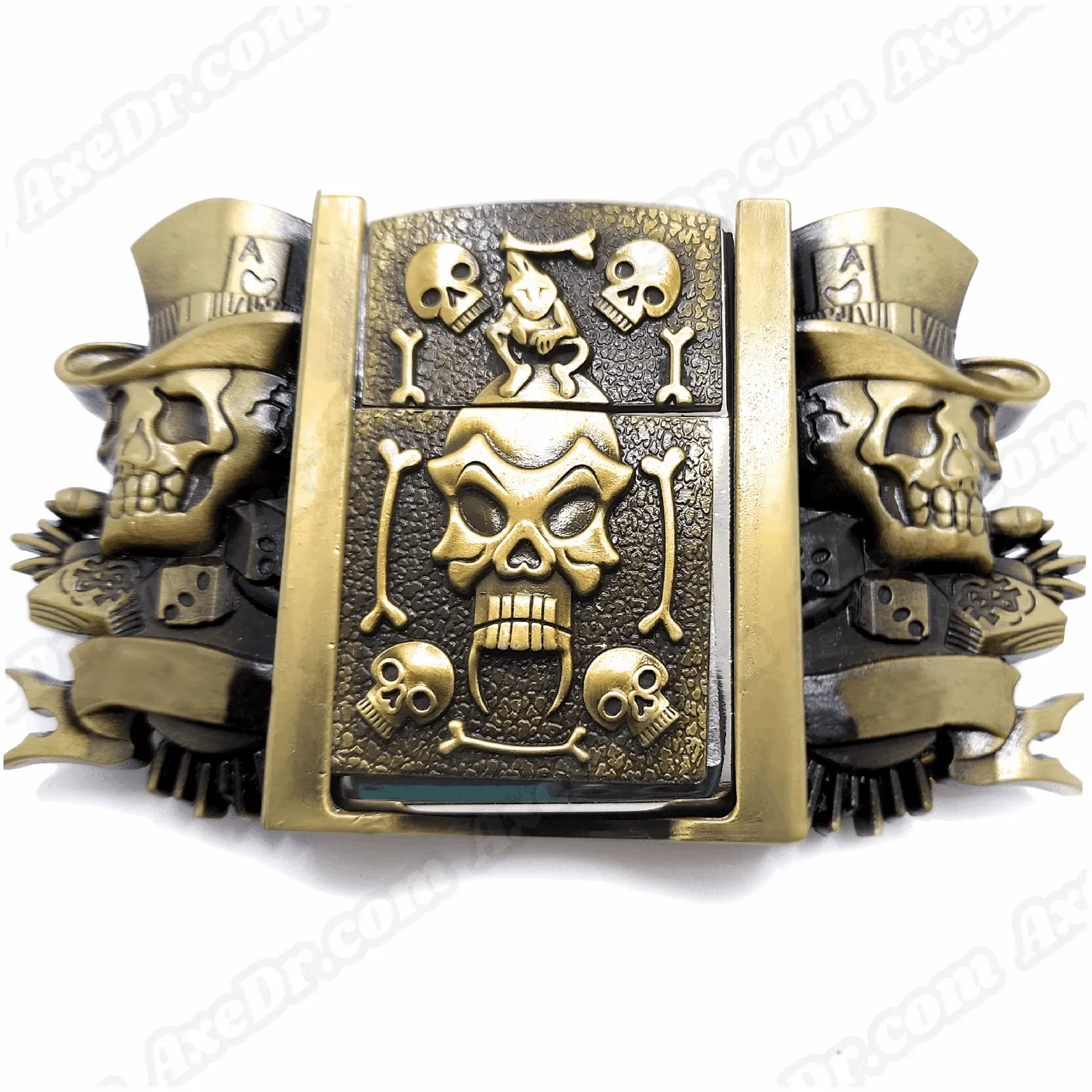 Jokers Skull & Bones Bronze Lighter Belt Buckle with Fanged Skull Lighter Holder Buckle