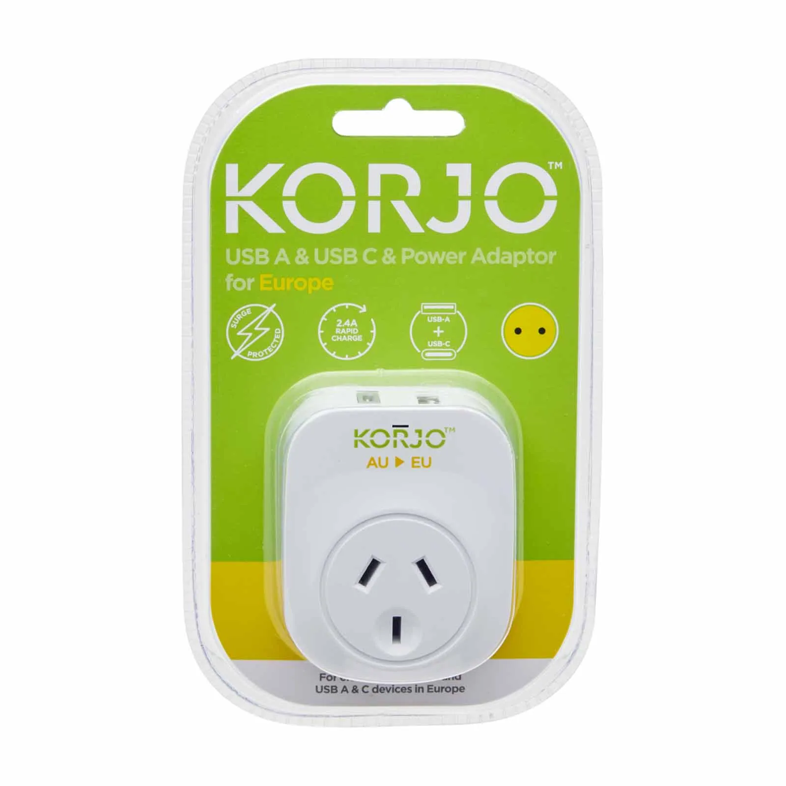 Korjo Travel Adaptor USB Port A and C Australia to Europe