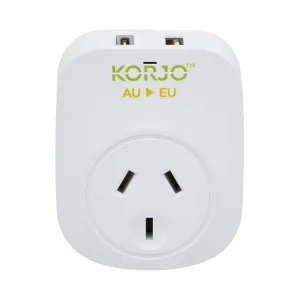 Korjo Travel Adaptor USB Port A and C Australia to Europe