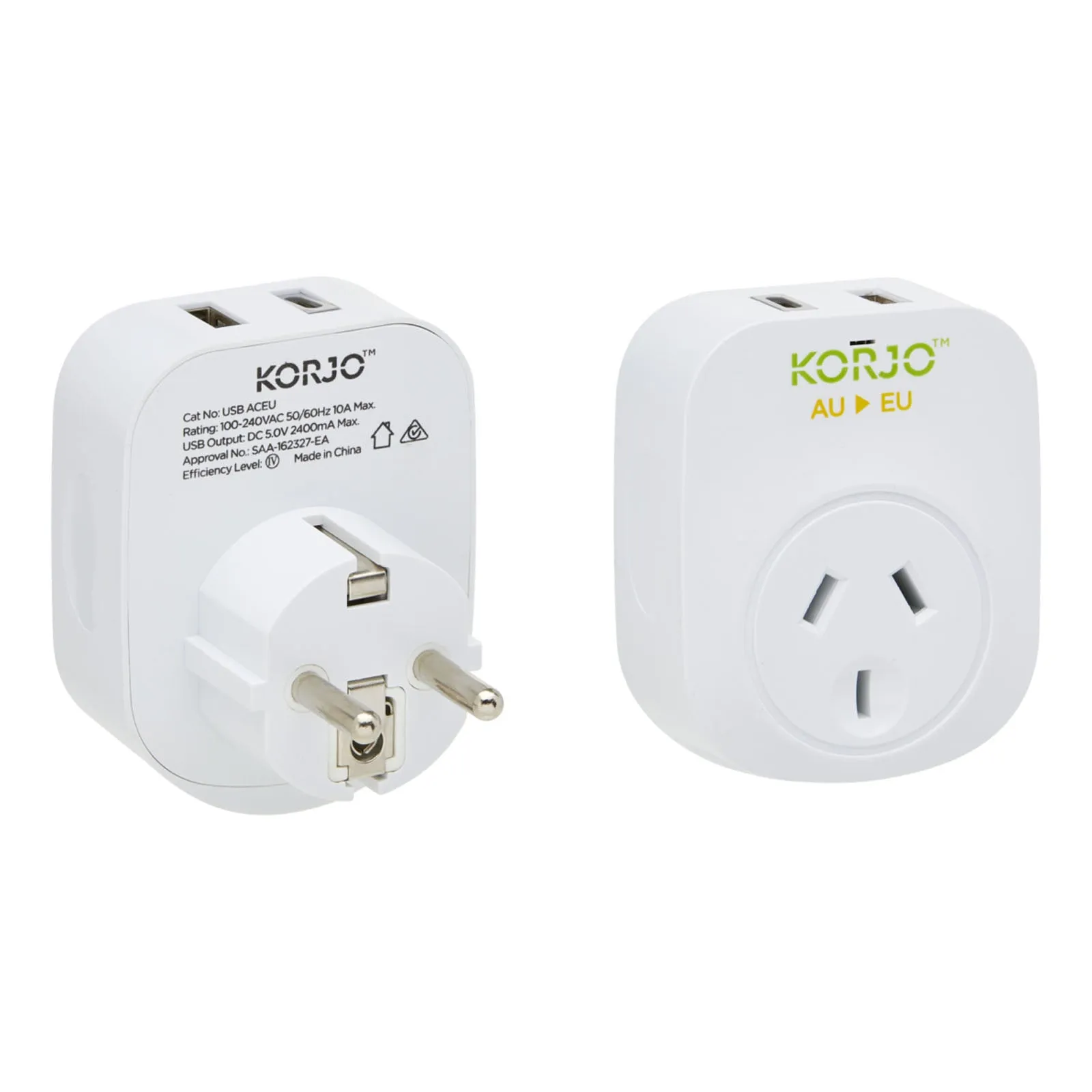 Korjo Travel Adaptor USB Port A and C Australia to Europe