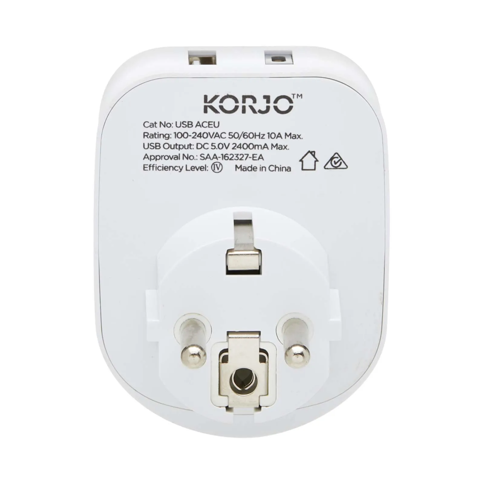 Korjo Travel Adaptor USB Port A and C Australia to Europe