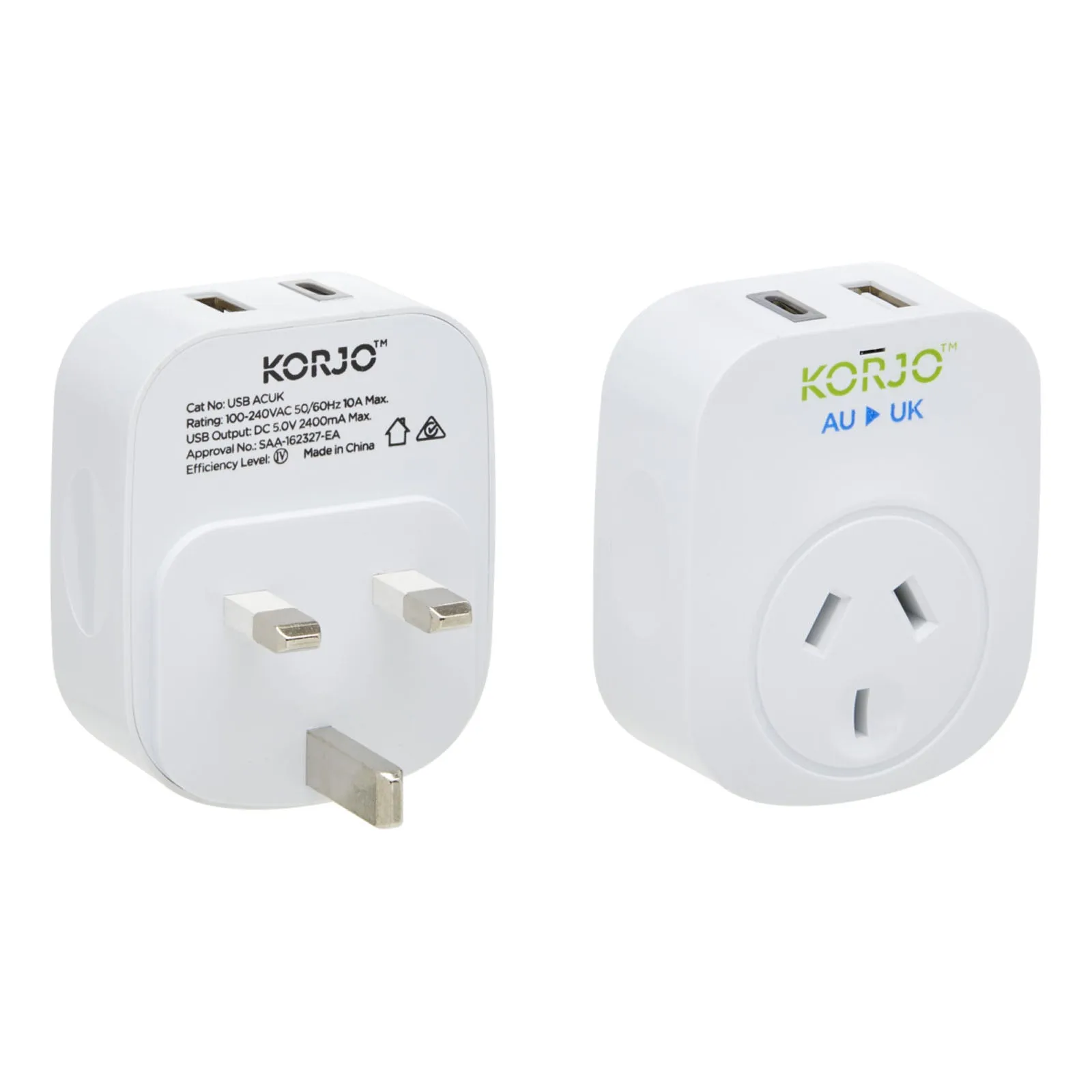 Korjo Travel Adaptor USB Port A and C Australia to UK