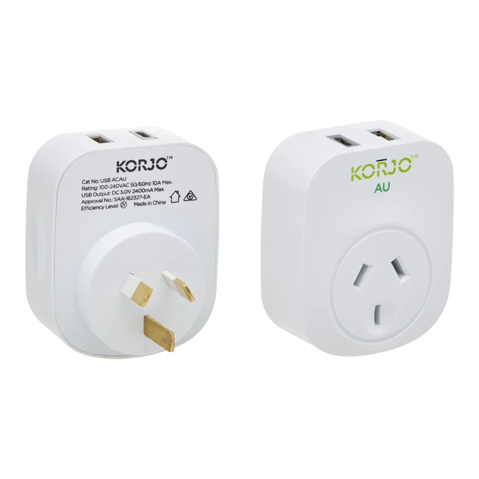Korjo Travel Adaptor USB Port A and C For Australia
