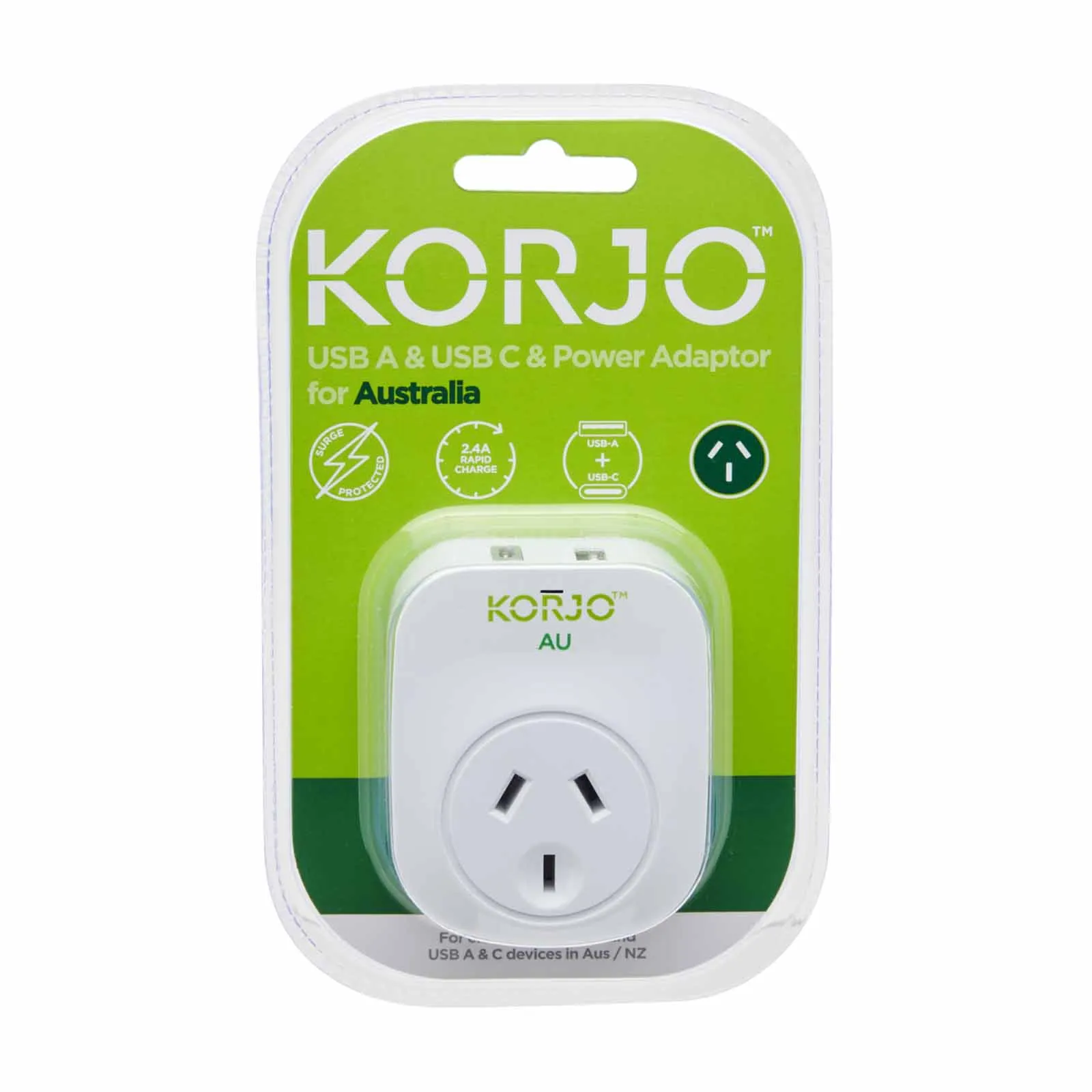 Korjo Travel Adaptor USB Port A and C For Australia