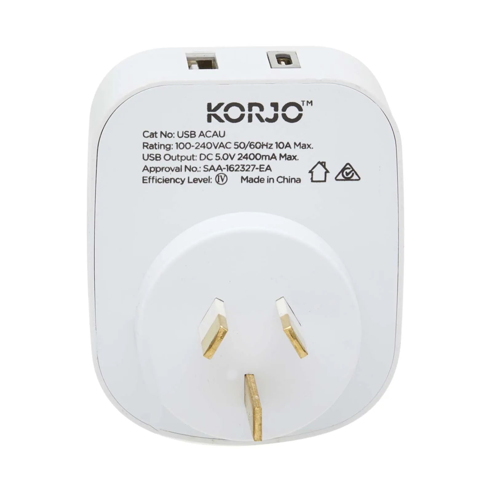 Korjo Travel Adaptor USB Port A and C For Australia