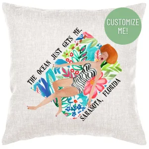 Lady On Beach Blanket Pillow Cover