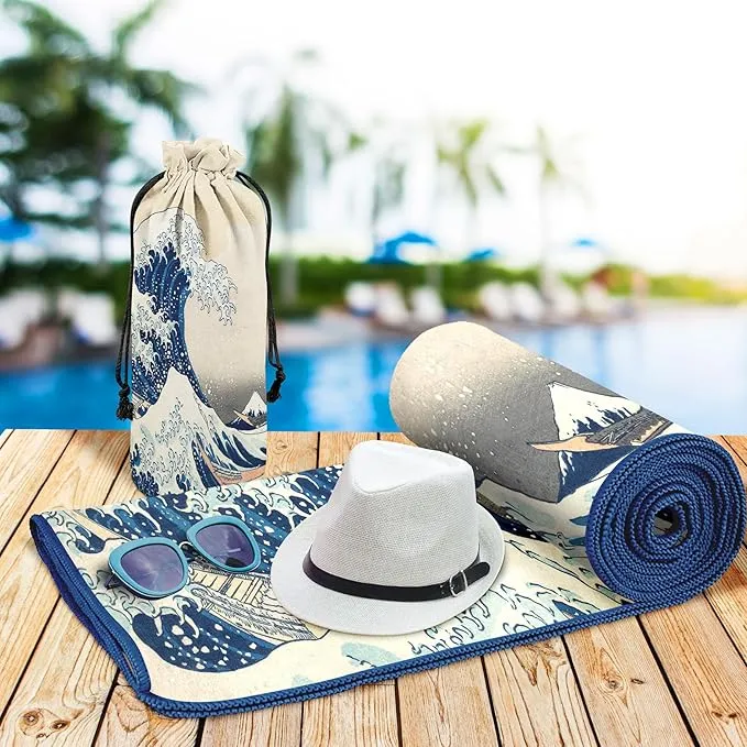Large Oversized Microfiber Beach Towel - 40x63 Inches, Sand-Free, Quick-Drying, Ultra-Soft, Ideal for Travel, Pool, and Camping - Includes Matching Drawstring Travel Pouch (Hokusai The Great Wave)