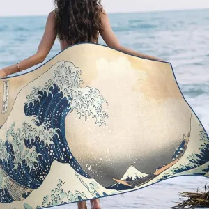Large Oversized Microfiber Beach Towel - 40x63 Inches, Sand-Free, Quick-Drying, Ultra-Soft, Ideal for Travel, Pool, and Camping - Includes Matching Drawstring Travel Pouch (Hokusai The Great Wave)
