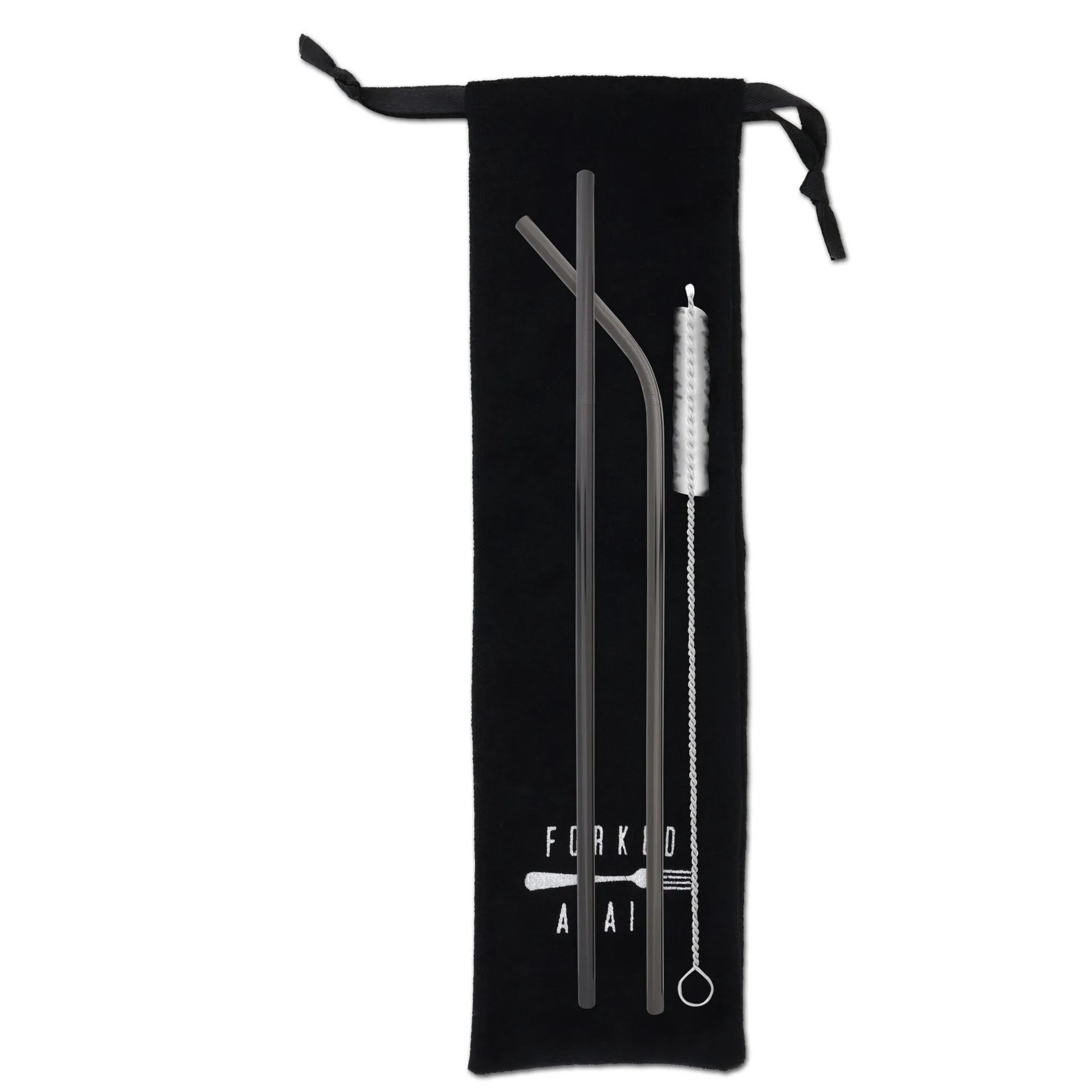 Long Double Trouble Stainless Steel Straw Set with Travel Pouch (Black)