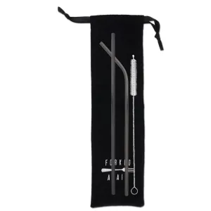 Long Double Trouble Stainless Steel Straw Set with Travel Pouch (Black)