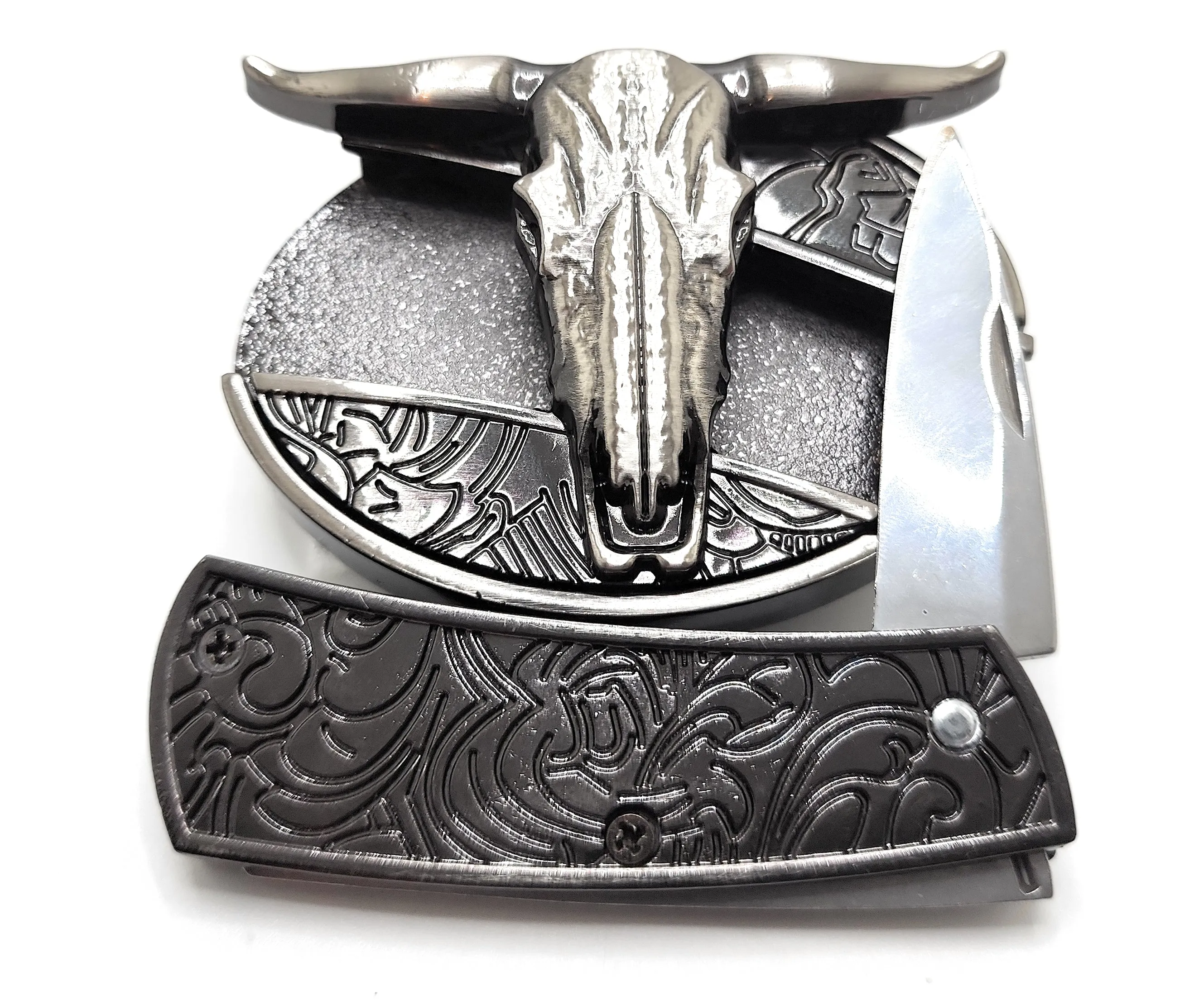 Longhorn Cattle Skull Folding Knife Belt Buckle