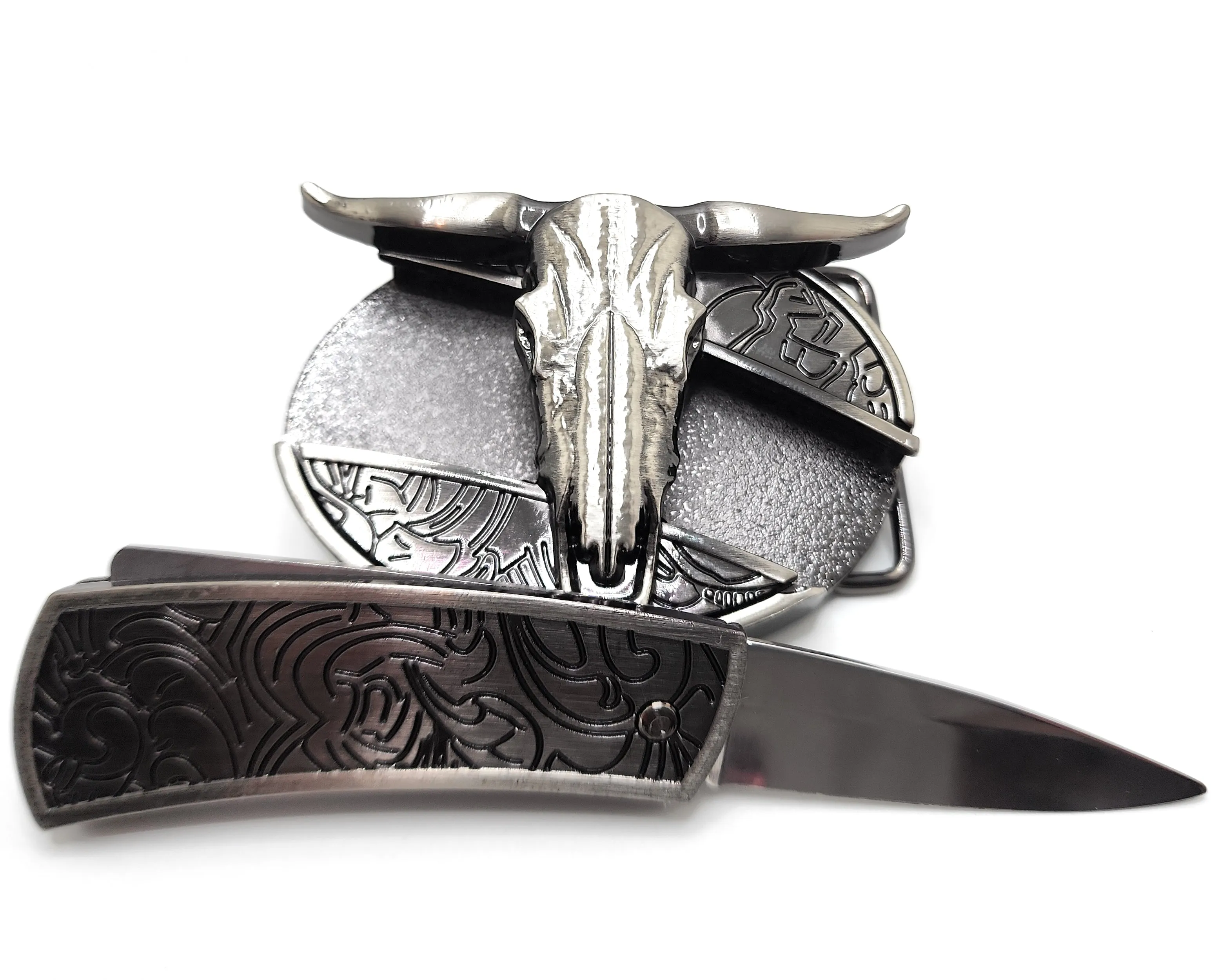 Longhorn Cattle Skull Folding Knife Belt Buckle