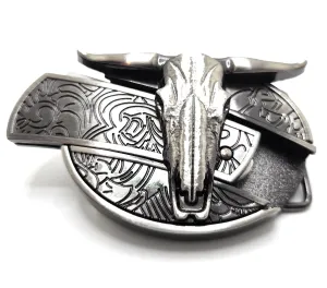 Longhorn Cattle Skull Folding Knife Belt Buckle