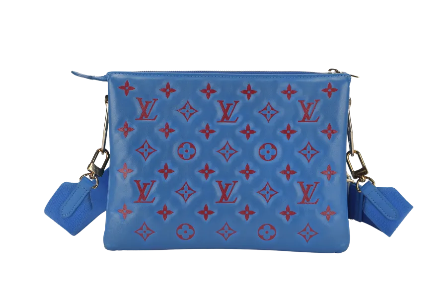 LOUIS VUITTON COUSSIN CROSSBODY BAG PM BLUE & RED EMBOSSED LAMBSKIN GOLD HARDWARE MICROCHIP WITH DUST COVER AND BOX