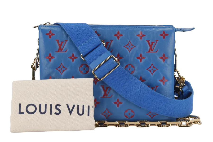 LOUIS VUITTON COUSSIN CROSSBODY BAG PM BLUE & RED EMBOSSED LAMBSKIN GOLD HARDWARE MICROCHIP WITH DUST COVER AND BOX