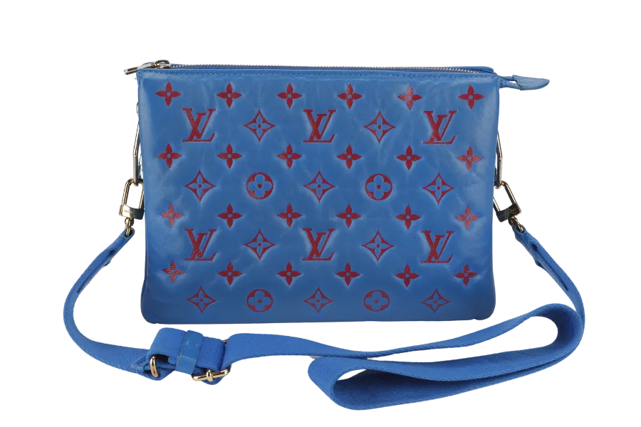 LOUIS VUITTON COUSSIN CROSSBODY BAG PM BLUE & RED EMBOSSED LAMBSKIN GOLD HARDWARE MICROCHIP WITH DUST COVER AND BOX