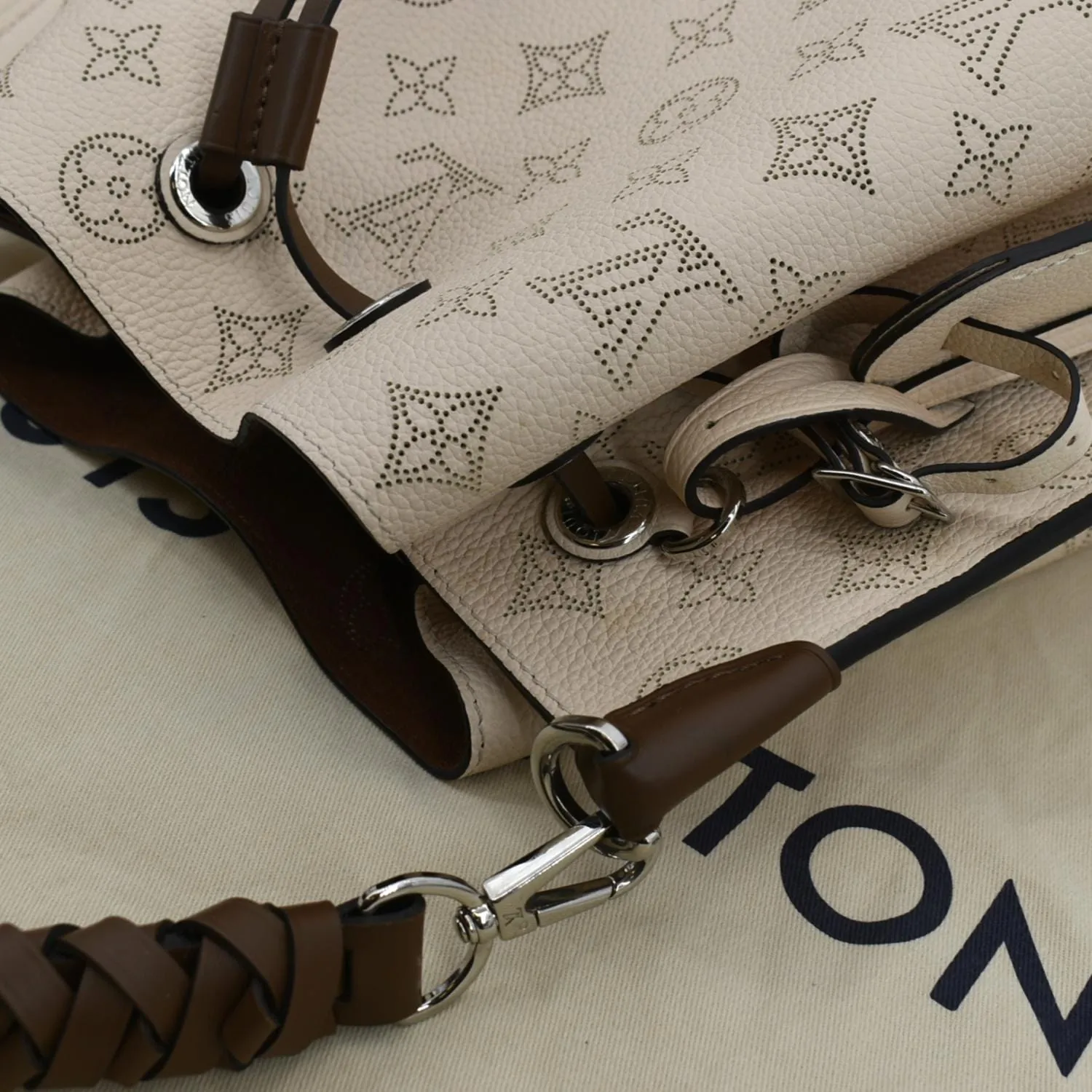 LOUIS VUITTON Muria Mahina Perforated Leather Crossbody Bag Creme
