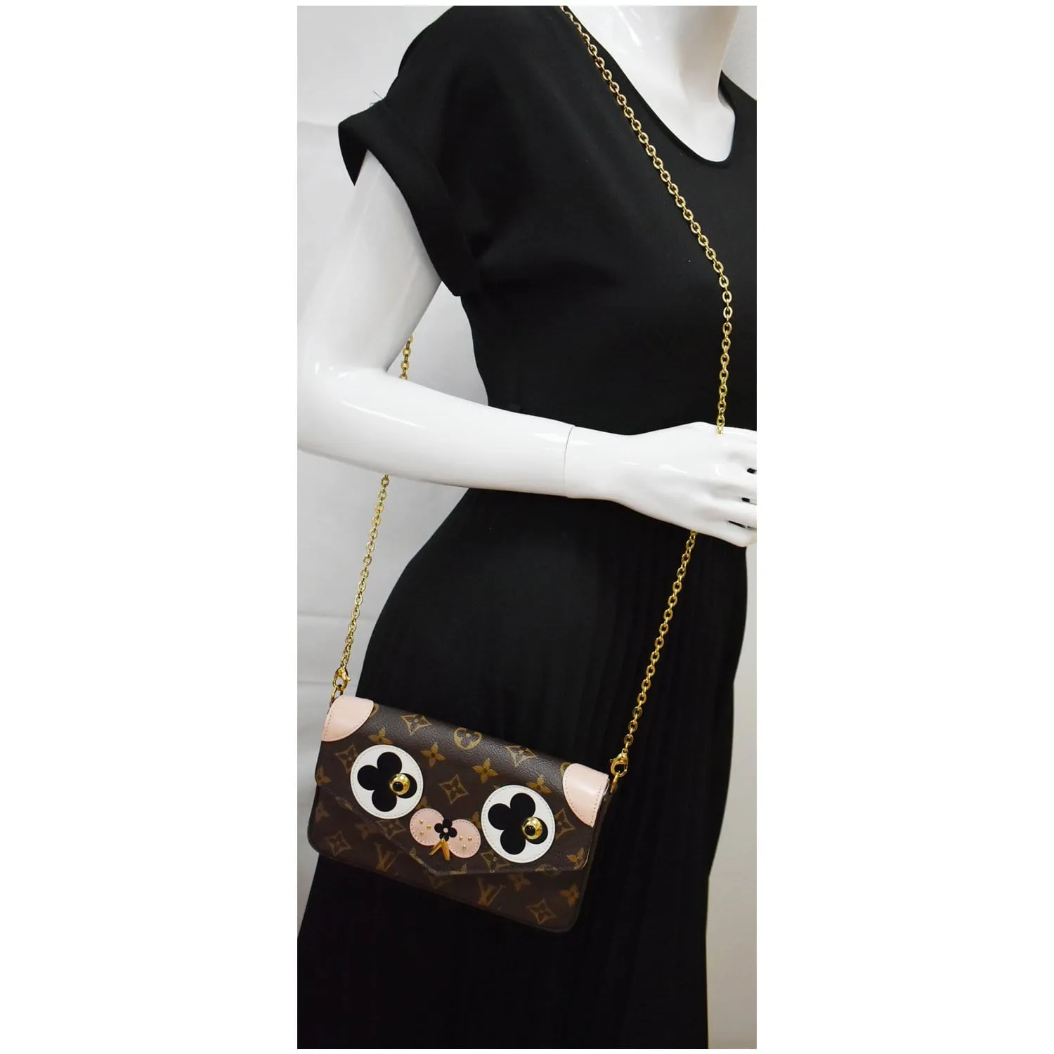 LOUIS VUITTON Pochette Felicie Dog Monogram Chain Crossbody Bag Brown