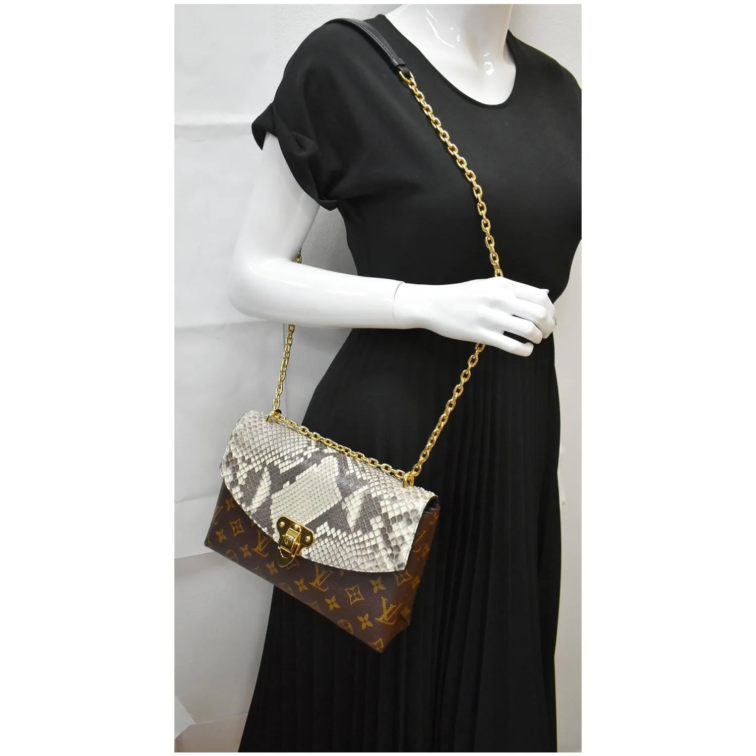 LOUIS VUITTON Saint Placide Monogram Canvas Python Crossbody Bag Brown