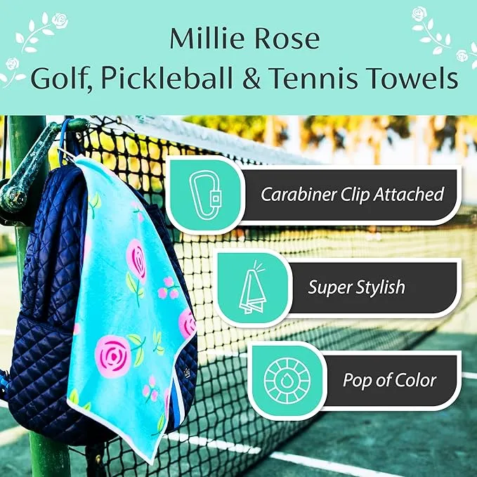 Millie Rose Pickleball Towels in Fashionable Prints - Cute 15x17 inch Microfiber & Cotton Athletic Towels with Carabiner Clip - Pickleball Accessories, Pickleball Gifts (OPA!)