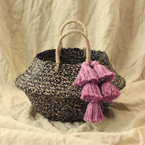 Mixed Straw Handwoven Belly Basket Bag, with