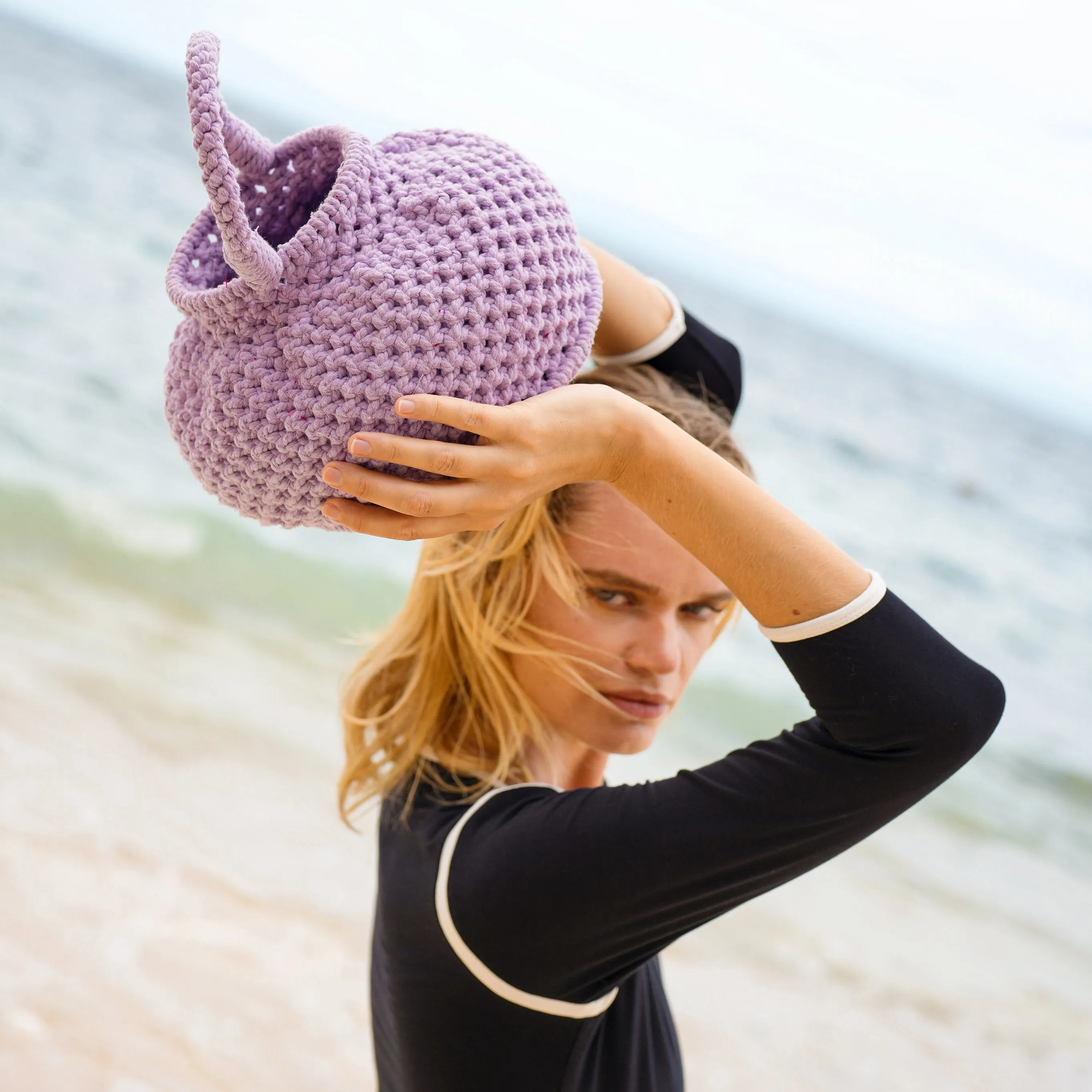 NAGA Macrame Vessel Basket Bag, in Periwinkle Purple