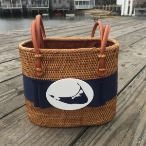 Nantucket Medium Oval Basket with Navy Ribbon
