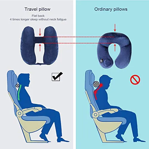 Neck Pillow Inflatable Travel Pillow Comfortably Supports The Head, Neck and Chin, Airplane Pillow with Soft Velour Cover, Hat, Portable Drawstring Bag, 3D Eye Mask and Earplugs (Blue)