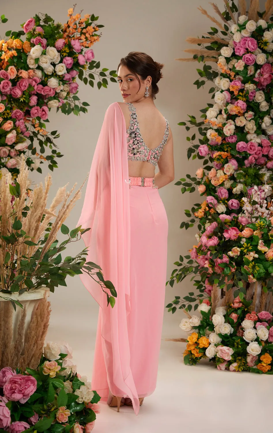 Neon Pink Color- Dupion Blouse, Belt And Georgette Saree